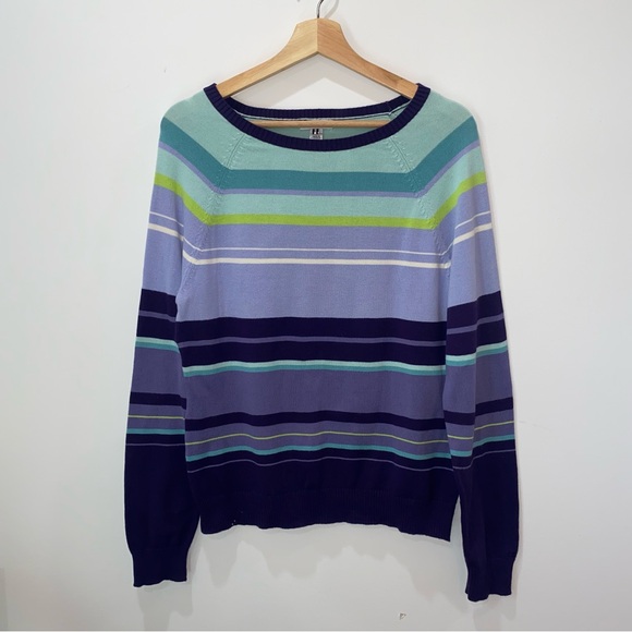 Izod Women’s Teal & Purple Striped Sweater, Petite Large, 100% Cotton - Picture 1 of 6